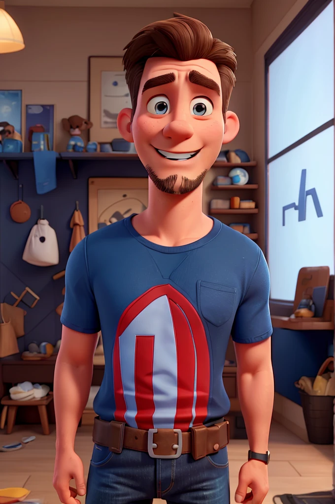 white man, 40 years old, with a poorly done goatee, messy brown hair, blue Captain America t-shirt, jeans, black sneakers, High definition, 3D Pixar Style, with a shy smile