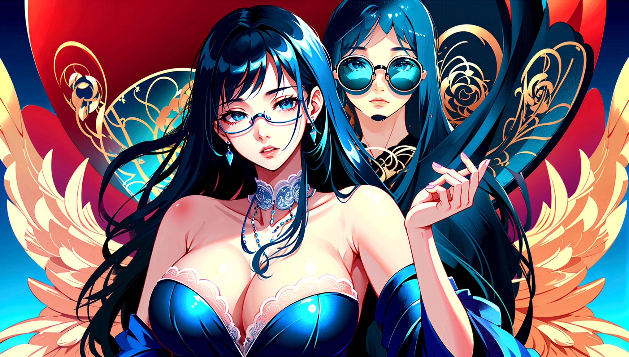 8K, Highest quality, Very detailed, Beautiful girls,  Blue Hair、In a suit、Glasses、 Big breasts and beautiful cleavage，