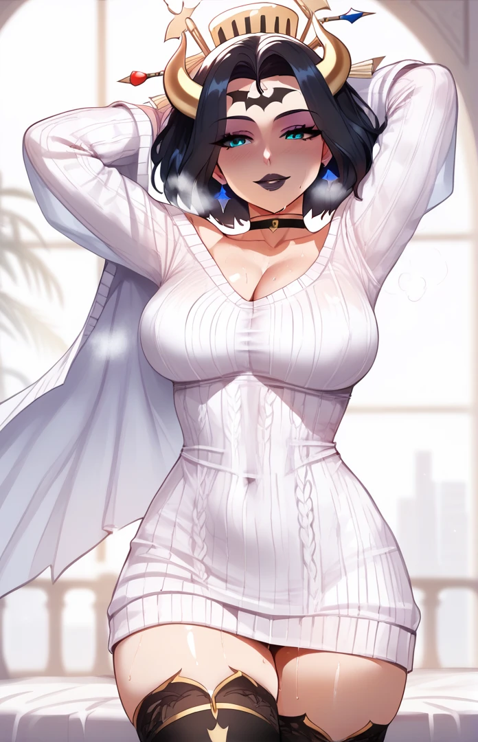 score_9, score_8_up, score_7_up, score_6_up, uncensored, lilithmon, black hair, forehead mark horns, demon wings, hair ornament, cleavage, black lips, medium hair, naughty face, shiny skin, sweating, steaming body, heavy breathing, BREAK (masterpiece:1.2), best quality, high resolution, unity 8k wallpaper, (illustration:0.8), (detailed eyes:1.3), extremely detailed face, perfect lighting, extremely detailed CG, (perfect hands, perfect anatomy), sweating, looking at viewer, modern decor,cozy atmosphere,relaxing vibes,urban backdrop,dreamy ambiance, large breasts, magical aura, enchanting beauty, mystical setting, enchanting artwork, intricate details. sweating, 1girl, choker,  solo, thighhighs, black_choker, looking_at_viewer, breasts, sweater, white_sweater, arms_behind_head, black_legwear, arms_up, collarbone,  