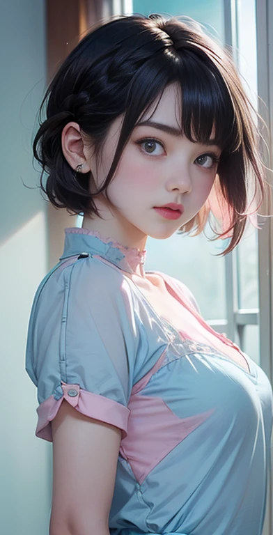 whole body,（8K、Raw photoy、best quality、masterpiece：1.2),(Dark-haired、Very short hair:1.8),(Double triple braid:1.4)、Show Viewer,Looking ahead,,white skin,(She was wearing a pink and light blue 。.:1.7)、()、(Clothing that emphasizes the shape of your bust、Publish a&#39;skin:1.8)、(Large Breasts :1.4)、(((Full and soft breasts,)))(((Huge breasts))) (((Cleavage))) (Perfect curvy figure),slim body、Ultra-high resolution,beautiful,beautiful fece,(Solitary、No background:1.9),whole bodyボディー,Japanese woman,（photo级真实感：1.37）、Photon Mapping,Reality、( and cute: 1.0)、(Lovely smile: 1.7)、(Round Face: 1.7)、Radio City、Physically Based Rendering、Depth of field rally background、photo, (I can see your knees,Plaid skirt、Spread your legs、foot、I can see white,whole body、very good, whole body,