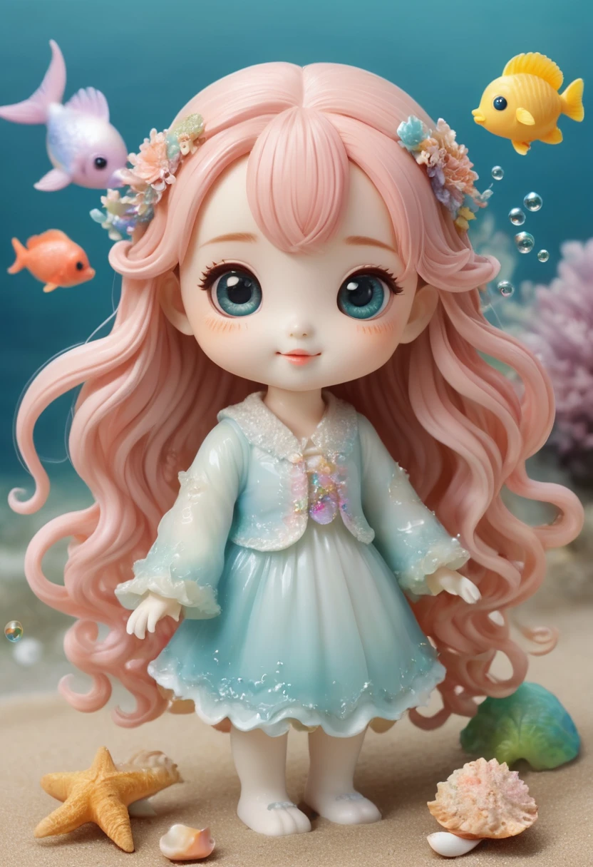 "Create a cute Amabie character。Amabie has a fish-like body with bright, colorful scales.、A small, round, bird-like beak、And she has long hair in soft pastel colors.。Keep your facial expression friendly and cheerful.、Add big, bright eyes and a sweet smile。In the background is a calm, clear sea.、Playful and gentle waves、And paint a bright, sunny sky。Star sand and shells、Add bubbles and other small, friendly sea creatures、Create a fantastic and cute atmosphere。"