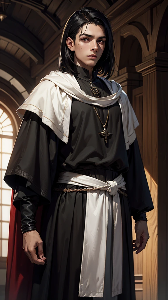 18 year old young man, medieval clothing, old clothes. black hair, black eyes, white skin, realistic skin, standing pose, portrait, realistic skin, 4k, beatifull face, short and straight hair