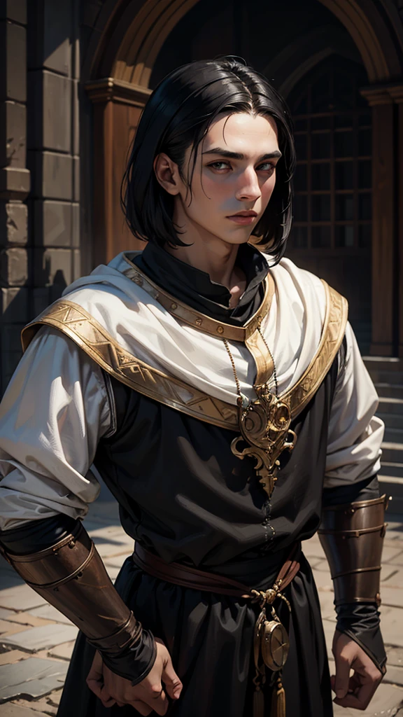 18 year old young man, medieval clothing, old clothes. black hair, black eyes, white skin, realistic skin, standing pose, portrait, realistic skin, 4k, beatifull face, short and straight hair
