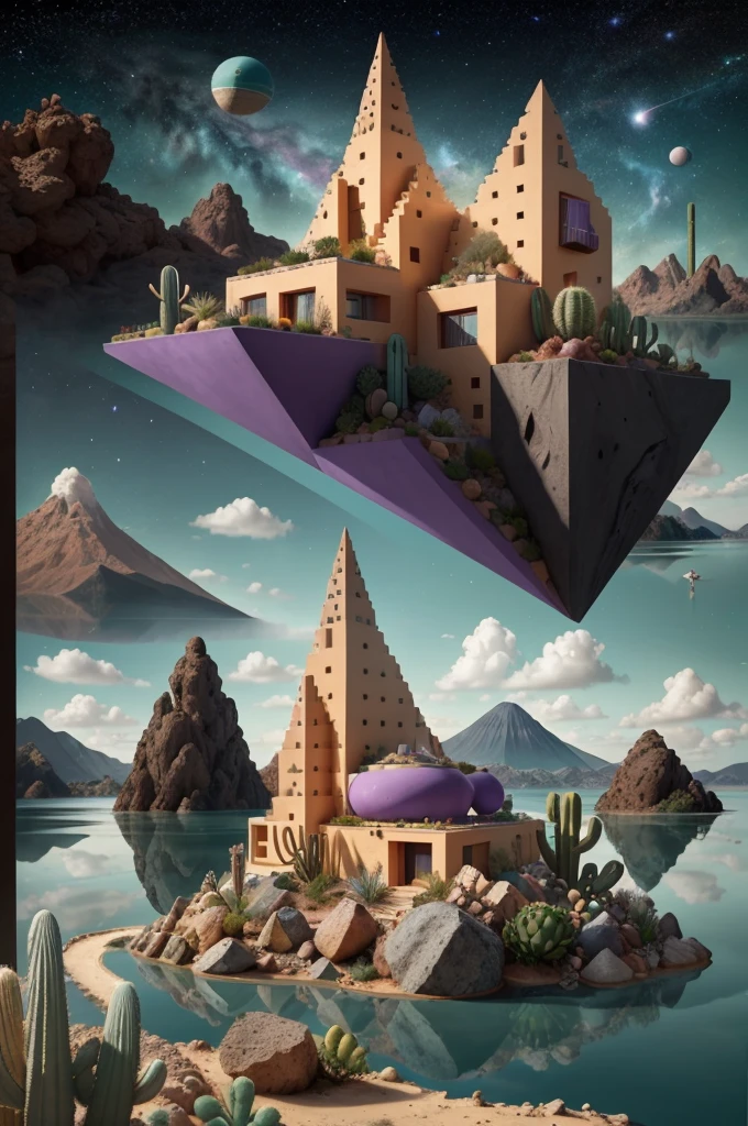 An illustration, collage style, David Hockney visual style, (((Luis Barragán's architectural style houses in middle of a lake))), big boulders, little cascade, mountains, volcanos, volcanic landscape, pool, stairs, beautiful gardens, abundant vegetation, cacti, agave, big clouds, sunset. Magazine cover, serif tipography, editorial design, masterpiece, An illustration in collage style, con rocas gigantes, Brutalist construction sections, escaleras, cactus, agave, textura de concreto, Multiple geometric shapes, hatch and cross hatching, planeta Saturno. ((masterpiece, best quality)),illustration,ultra detailed 8k. (((An illustration of a build designed by Luis Barragán))), with a desertic vegetation garden, (big rocks), ((cacti)), lake, volcano in horizon, smooth clouds, (((illustration collage format))), ((Escher's art style)), (((multiple sections))), (violet, blue, olive green, grey, black and white), hard shadows, (((geometric sculptures))), concrete sculptures, high contrast, dramatic, cinematographic, ((milky way galaxy)), intricate, intricate details, sharp focus,landscape