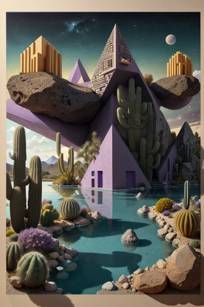 An illustration, collage style, David Hockney visual style, (((Luis Barragán's architectural style houses in middle of a lake))), big boulders, little cascade, mountains, volcanos, volcanic landscape, pool, stairs, beautiful gardens, abundant vegetation, cacti, agave, big clouds, sunset. Magazine cover, serif tipography, editorial design, masterpiece, An illustration in collage style, con rocas gigantes, Brutalist construction sections, escaleras, cactus, agave, textura de concreto, Multiple geometric shapes, hatch and cross hatching, planeta Saturno. ((masterpiece, best quality)),illustration,ultra detailed 8k. (((An illustration of a build designed by Luis Barragán))), with a desertic vegetation garden, (big rocks), ((cacti)), lake, volcano in horizon, smooth clouds, (((illustration collage format))), ((Escher's art style)), (((multiple sections))), (violet, blue, olive green, grey, black and white), hard shadows, (((geometric sculptures))), concrete sculptures, high contrast, dramatic, cinematographic, ((milky way galaxy)), intricate, intricate details, sharp focus,landscape