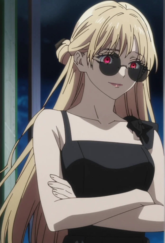 1girl, female gojo satoru, anime screencap from jujutsu kaisen, gojo satoru female version, solo, long_hair, red eyes ((blonde_hair)), night view, breasts, upper_body, smile, indoors, book, bangs, blue_eyes, lips, (wearing round sunglasses, black colour, below her eyes) , ((her hairstyle : The character in the image has long straight blonde hair)) wearing black color party dress, bare shoulder, breast, "very detailed and high resolution" (red eyes) ((cross arms))  ((long hair)) ((solo))