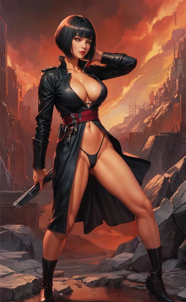 1girl, female assassin, asymmetric bobcut hair, full body shot, clyde caldwell, red lips, thong, cleavage, black hair, red eyes