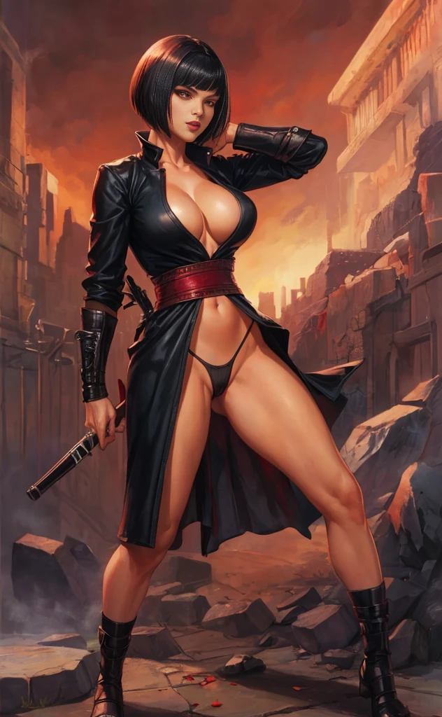 1girl, female assassin, asymmetric bobcut hair, full body shot, clyde caldwell, red lips, thong, cleavage, black hair, red eyes