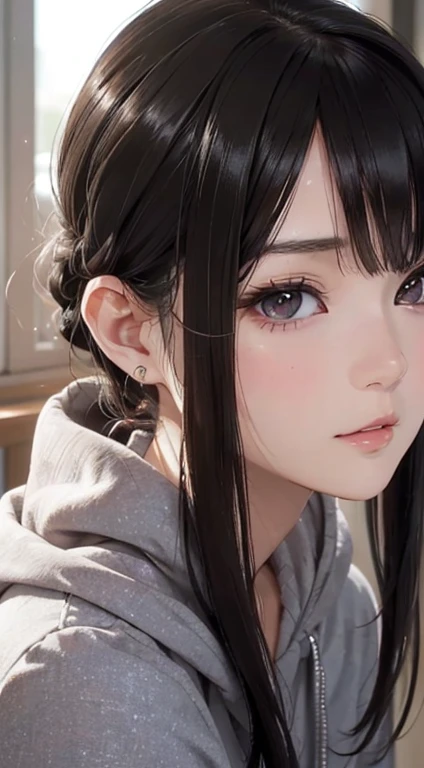 (masutepiece: 1.3), (max resolution: 1.2), (Ultra HDTV: 1.2), cinematric light, 8K resolution, Detailed eyes and skin, detailed facial features, , (Sharp Focus: 1.2）, (side view:1.2),Perfect Style, Beautiful face, acurate, Anatomically correct, ノ Highly detailed facial and skin texture, Detailed eyes, Double eyelids, Thin eyebrows, glitter eyeliner: 1 Natural cheeks, Glossy skin, Fair skin: 1.2, (Glossy lips: 1.4),、 (dumb looking: 1.2),Highly detailed facial and skin texture, Detailed eyes, Double eyelids, Natural cheeks, shiny lips: 1.4,short skirt and cropped hoodie、 long silky black hair、  brown eyes、 voluptuous figure、 spacing out、1 girl thinking of something.