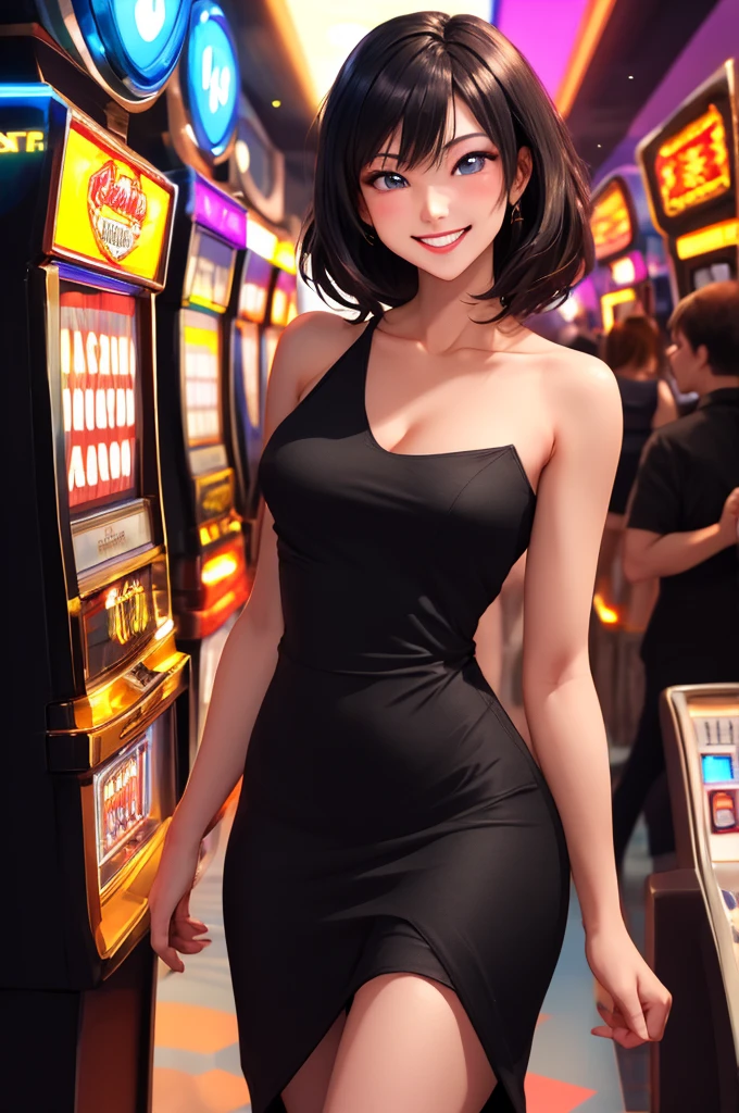 Masterpiece, best quality, 1 dealer girl, alone, look at viewer, chest, mature woman, collarbone, Random Hairstyles, cyberpunk, neon light, In the building, Casino, black tight dress, depth of field, playful mood,Big smile,The model is not in the center of the image.