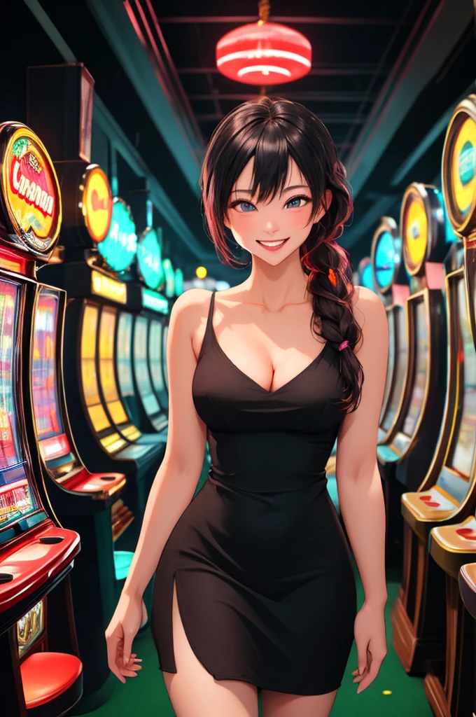 Masterpiece, best quality, 1 dealer girl, alone, look at viewer, chest, mature woman, collarbone, Random Hairstyles, cyberpunk, neon light, In the building, Casino, black tight dress, depth of field, playful mood,Big smile,The model is not in the center of the image.