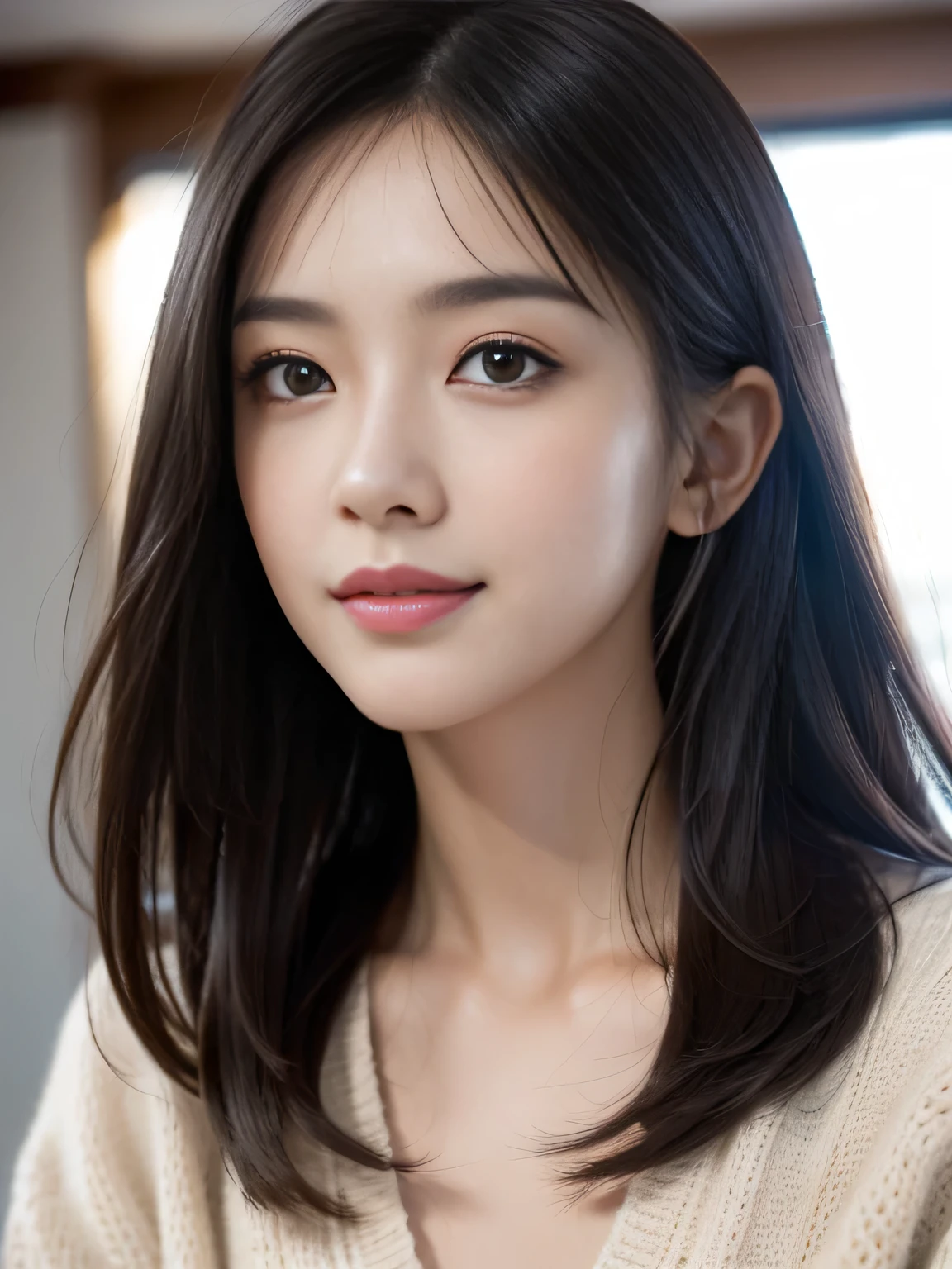masterpiece, best quality, ultra-detailed, intricately detailed hyperdetailed, realistic, sharp features, highly detailed, sharp focus, Japanese idol, perfect face, perfect symmetrically perfect eyes, perfect full lips, flexible female form, cinematic, film light, hyper detailed, hyper realistic, high resolution, vibrant, dynamic studio lighting, Dark background, medium hair, straight Bangs, brown Eyes, Black sweater, Portraiture, (Mischievous smile),