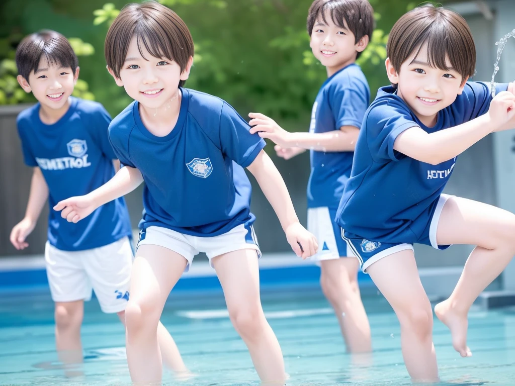 夏休みのprimary school校、Pool、primary school5Grade、Japan Boy、Glowing water splashes、A good boy dripping with water、hot day、Two Boys、Various poses、Short sleeve gym uniform、Blue shorts、physical education、barefoot,(Boy 1.4)、Boys only 、(10Age 1.4)