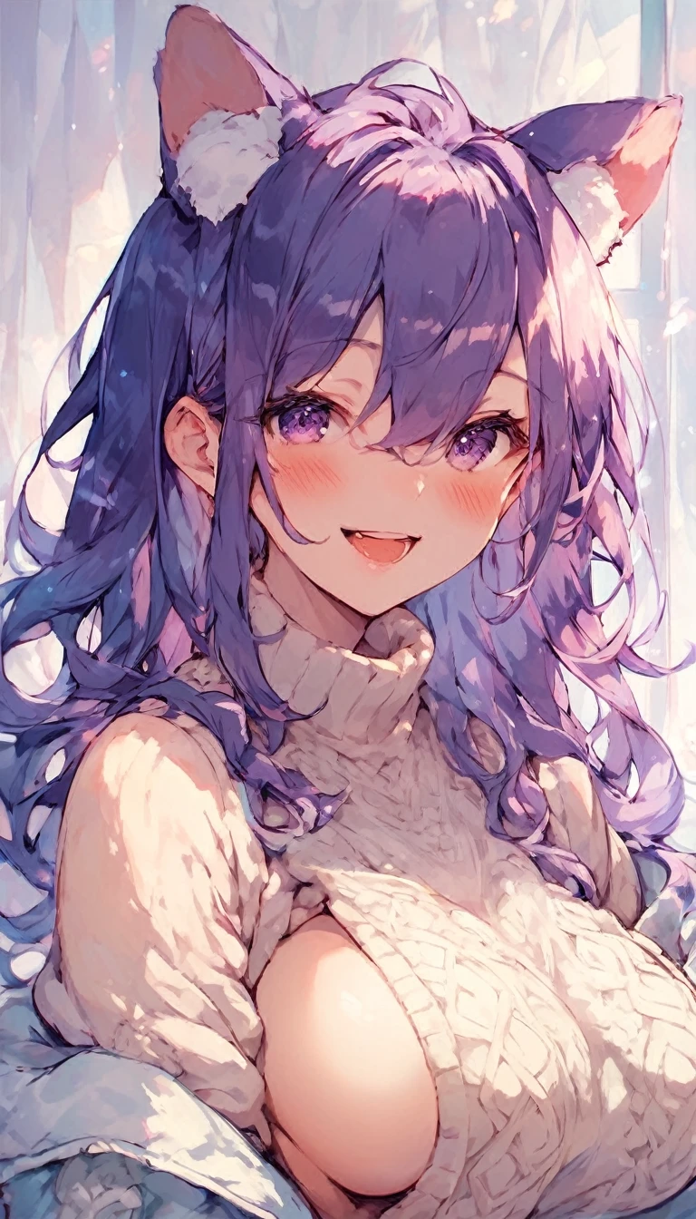 score_9,score_8,score_7,score_8_up,score_7_up Anime girl illustration posing in sweater, 1 girl, breasts, solo, animal ears, looking viewer, big breasts, mouth open, side boob, purple eyes, blush, purple hair, smile