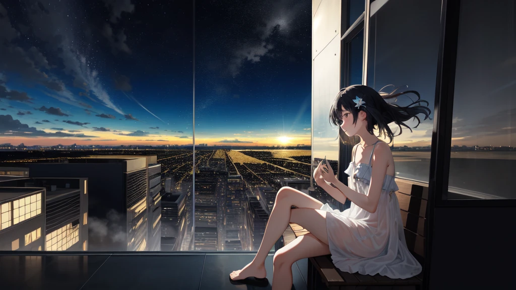 Abstract colors、texture、Film Grain、Skin pores、Dusty atmospheric haze、Vignette、Wrinkles:0.2 Complex Hasselblad DSLR Long(Blown by the Wind)RAW full body dramatic portrait photo of a beautiful girl listening to music 1.2 Hair in a Sundress、(SF Solarpunk)Sitting on a ledge overlooking the.2 City Skylines、Dangling legs、Beautiful night sky、(Backlit)1.2、(Film Grain)1.2、coastal atolls