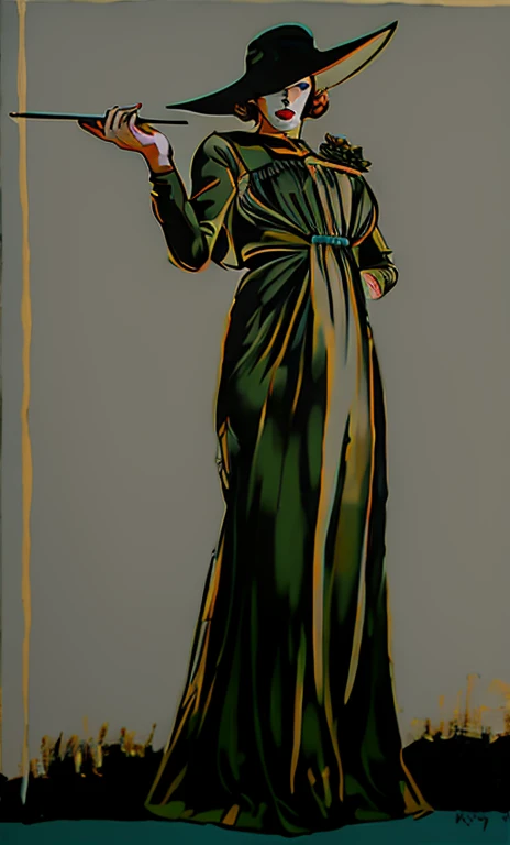 (Masterpiece Art:1.1), (Best Quality), Woman with WHITE GLAMOROUS VINTAGE SQUARE NECK DRESS LONG SLEEVES dress and lipstick, WIDE BRIMMED BLACK HAT, LADY DIMITRISCU, PALE, greybackground, Art style by Patrick Nagel, Beautiful, highly detailed painting, (highly detailed slopes), (Detailed face), (Detailed eyes:1.1) modelshoot, Professional Photography, Official art, Synth Wave, androgyny, 8K, hard disk, High quality, awardwinning, SHORTHAIR, LONG CLAWS ON RIGHT HAND