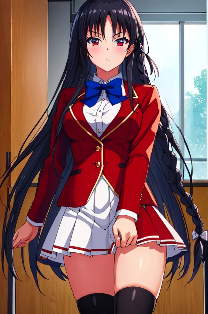 (masterpiece:1.2), (best quality:1.1), (8k, ultra detailed, ultra high res:1.1), (anime style), perfect 5 fingers, perfect anatomy,
1girl,
Suzune Horikita,
Suzune Horikita \(youjitsu\),
BREAK long hair, braid,
black hair,
red eyes, (focus detailed eyes:1.2),
blue bow,
medium breasts,
red jacket, long sleeves, white skirt, pleated skirt, black thigh-high socks,
looking at viewer,
cowboy shot,
indoor, class room,