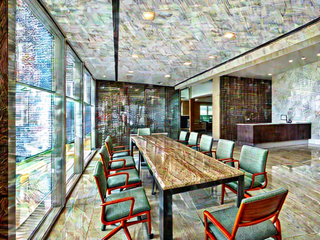 Office design in modern style, daylight, brown marble floor, WHITE WALL, 1 frame glass wall 1.8, glass wall 1.8, 1 conference table with 12 chairs, flowers on the table, flat white painted ceiling 1.2, 2 LED lights 1.8 rail lights, 1 table corner, sharp images, realistic light, luxurious feel, extremely detailed