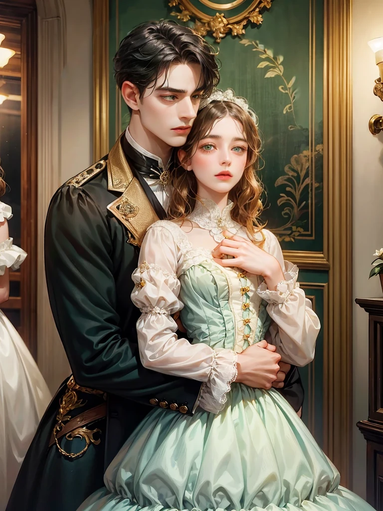 Couple, 1 girl 1 boy. Different hair color, medium black hair and green eyes, victorian era, short black hair, wavy hair and (sky blu eyes) , male Victorian era dress. They look at the viewers. The y hug. Background inside of a hall
