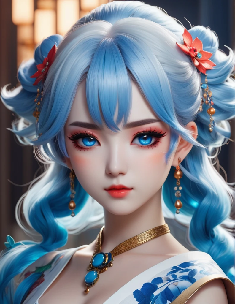 quality(8k wallpaper of extremely detailed CG unit, masterpiece, hight resolution, top-quality, top-quality real texture skin,hyper realisitic, digitial painting,increase the resolution,RAW photos,best qualtiy,highly detailed,the wallpaper),BREAK,8K, onmyoji-style art Light, full face, mixed color eyes, Chibi, colorful makeup, white skin, blue hair, jewelry, tattoos,