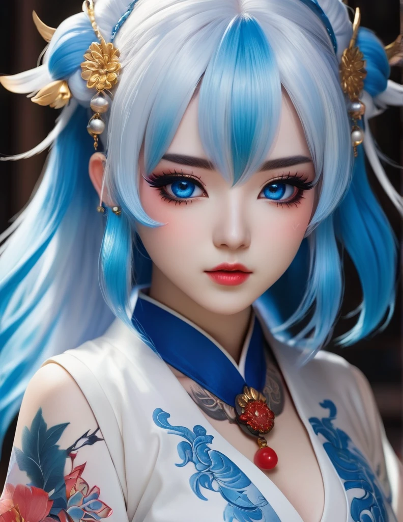 quality(8k wallpaper of extremely detailed CG unit, masterpiece, hight resolution, top-quality, top-quality real texture skin,hyper realisitic, digitial painting,increase the resolution,RAW photos,best qualtiy,highly detailed,the wallpaper),BREAK,8K, onmyoji-style art Light, full face, mixed color eyes, Chibi, colorful makeup, white skin, blue hair, jewelry, tattoos,