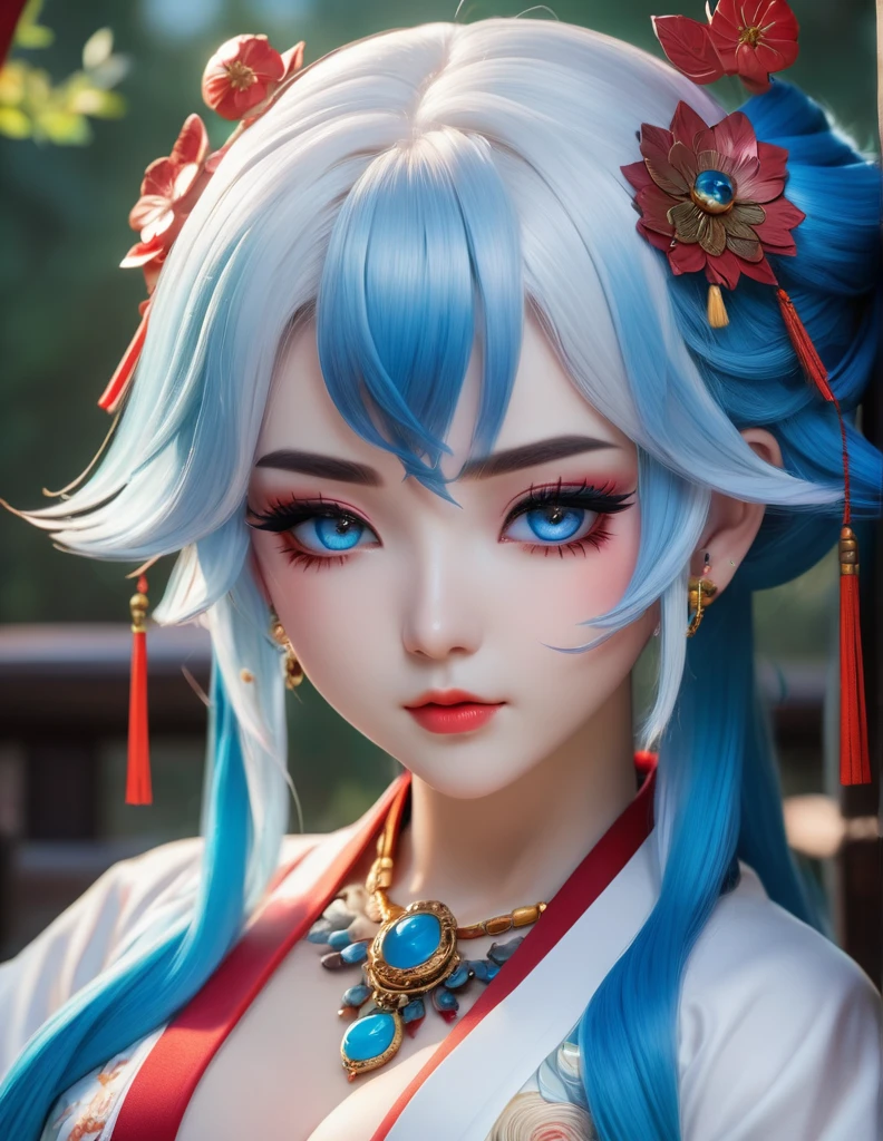 quality(8k wallpaper of extremely detailed CG unit, ​masterpiece, hight resolution, top-quality, top-quality real texture skin,hyper realisitic, digitial painting,increase the resolution,RAW photos，best qualtiy,highly detailed,the wallpaper),BREAK,8K, onmyoji-style art Light, full face, mixed color eyes, Chibi, colorful makeup, white skin, blue  hair,  jewelry, tattoos, 