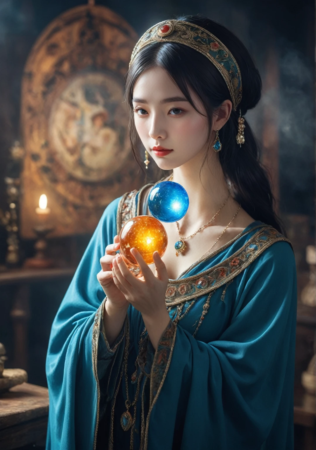 Female fortune teller. Body and face orientation: frontal. Charming, beautiful and mysterious. She wears a blue cloak and has a clear face. The atmosphere is bright and glittering, full of anxiety and anticipation. The fortune teller is standing. He holds a crystal ball in his right hand. The lighting in the room is bright, creating a fantastic atmosphere. Best picture quality, 4K or 8K resolution. The level of detail is very fine and realistic, almost photorealistic. Artistic style should reflect the aesthetic of the formula with bright colors and strong contrasts. The color palette should emphasize the mysterious and mystical theme of the piece. The fortune teller's cloak is embellished with metal trim and intricate designs with a thickness ratio of 1.5. The overall atmosphere is starry and magical. The expression on the fortune teller's face should evoke mystical interest.