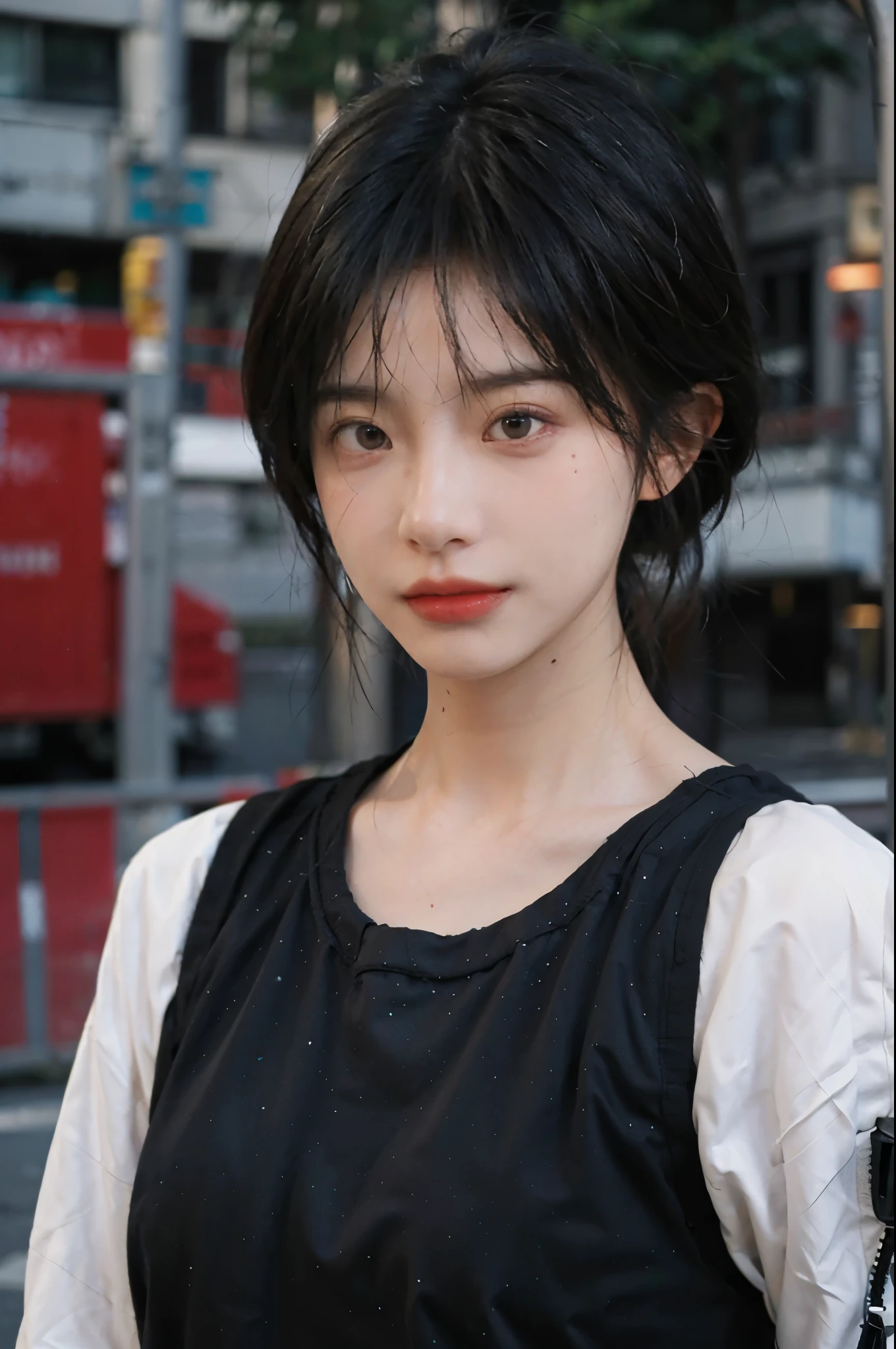 (smooth skin textures:1.3), Lipstick, Upper body,Upper Body,background, earrings, serene, calm, (Dress conservatively:1.6),(Realistic and detailed eyes:1.2), Natural skin texture, Realistic facial details, Soft dramatic lighting, Vivid details, outdoor, (Photo Practical:1.4), (hyper Practical:1.4), (Practical:1.3), (Improve lighting quality:0.9), (Highest quality real skin textures:1.4), (Enhance the beauty of skin texture:1.1), Hair details, model, short hair, Moles under the eyes, Portrait Photography, Depth of Field, Bokeh, Surrealism, Ray Tracing, (Portrait Photography:1.1), Surrealism, High Detail, Chiaroscuro, Ray Tracing, reflected light, Ultra HD, Ultra HD, masterpiece, Textured Skin, Super Detail, High Detail, high quality, best quality