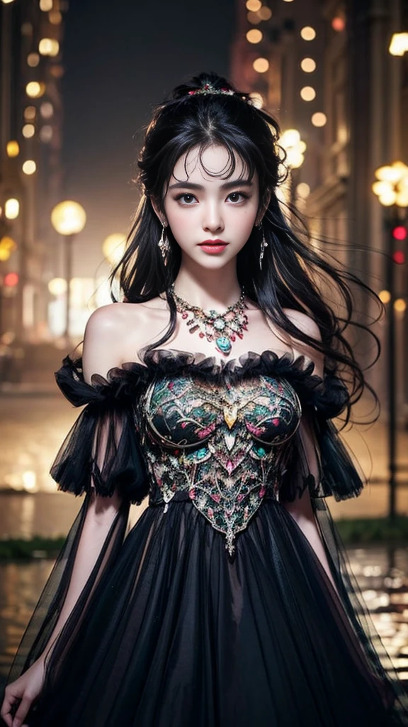 64K, ultra hd, masterpiece, 1 girl, (ibeautiful face:1.4), detailed eyes, very long hair, impressive hairstyle, earings, necklace, small breasts, (black dress:1.5), (fantasy dress:1.5) Light-colored foundation brings out the transparency of the skin, (in the wonderland:1.5), mystery, diwali lights, glowing lights, very decoration, The lights falls like water, perfect body, standing 