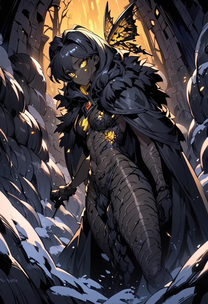 (((darkest dungeon style))), darkest dungeon character, insect girl, dark black skin, black skin, smooth skin, ((black dividing lines on skin)), long black hair, long scaly cloak, yellow eyes, many shadows, cold lights, dark art, highly detailed, extremely detailed, masterpiece