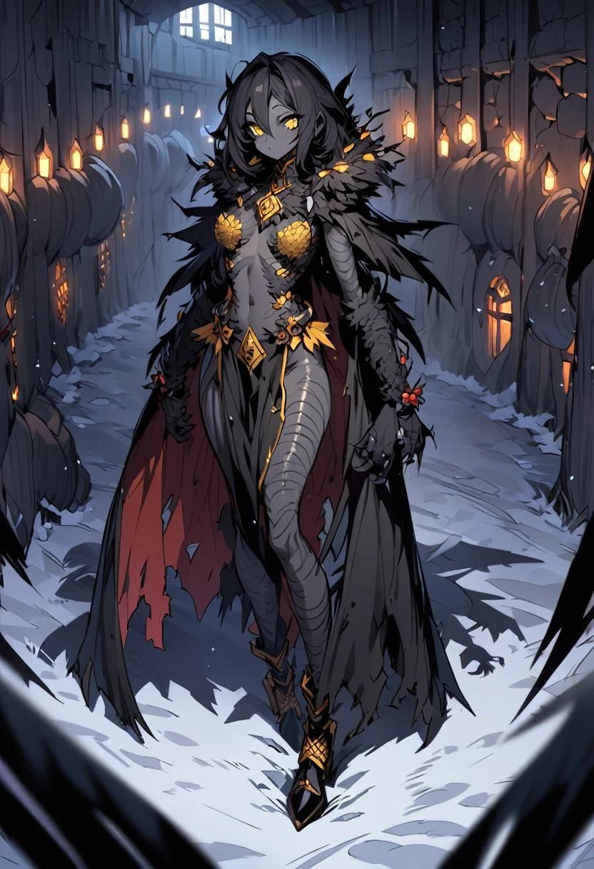 (((darkest dungeon style))), darkest dungeon character, insect girl, dark black skin, black skin, smooth skin, ((black dividing lines on skin)), long black hair, long scaly cloak, yellow eyes, many shadows, cold lights, dark art, highly detailed, extremely detailed, masterpiece