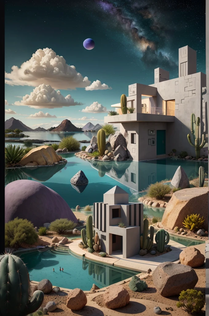 An illustration, collage style, David Hockney visual style, (((Luis Barragán's architectural style houses in middle of a lake))), big boulders, little cascade, mountains, volcanos, volcanic landscape, pool, stairs, beautiful gardens, abundant vegetation, cacti, agave, big clouds, sunset. Magazine cover, serif tipography, editorial design, masterpiece, An illustration in collage style, con rocas gigantes, Brutalist construction sections, escaleras, cactus, agave, textura de concreto, Multiple geometric shapes, hatch and cross hatching, planeta Saturno. ((masterpiece, best quality)),illustration,ultra detailed 8k. (((An illustration of a build designed by Luis Barragán))), with a desertic vegetation garden, (big rocks), ((cacti)), lake, volcano in horizon, smooth clouds, (((illustration collage format))), ((Escher's art style)), (((multiple sections))), (violet, blue, olive green, grey, black and white), hard shadows, (((geometric sculptures))), concrete sculptures, high contrast, dramatic, cinematographic, ((milky way galaxy)), intricate, intricate details, sharp focus,landscape