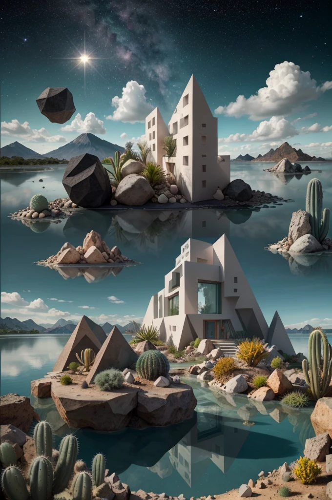 An illustration, collage style, David Hockney visual style, (((Luis Barragán's architectural style houses in middle of a lake))), big boulders, little cascade, mountains, volcanos, volcanic landscape, pool, stairs, beautiful gardens, abundant vegetation, cacti, agave, big clouds, sunset. Magazine cover, serif tipography, editorial design, masterpiece, An illustration in collage style, con rocas gigantes, Brutalist construction sections, escaleras, cactus, agave, textura de concreto, Multiple geometric shapes, hatch and cross hatching, planeta Saturno. ((masterpiece, best quality)),illustration,ultra detailed 8k. (((An illustration of a build designed by Luis Barragán))), with a desertic vegetation garden, (big rocks), ((cacti)), lake, volcano in horizon, smooth clouds, (((illustration collage format))), ((Escher's art style)), (((multiple sections))), (violet, blue, olive green, grey, black and white), hard shadows, (((geometric sculptures))), concrete sculptures, high contrast, dramatic, cinematographic, ((milky way galaxy)), intricate, intricate details, sharp focus,landscape
