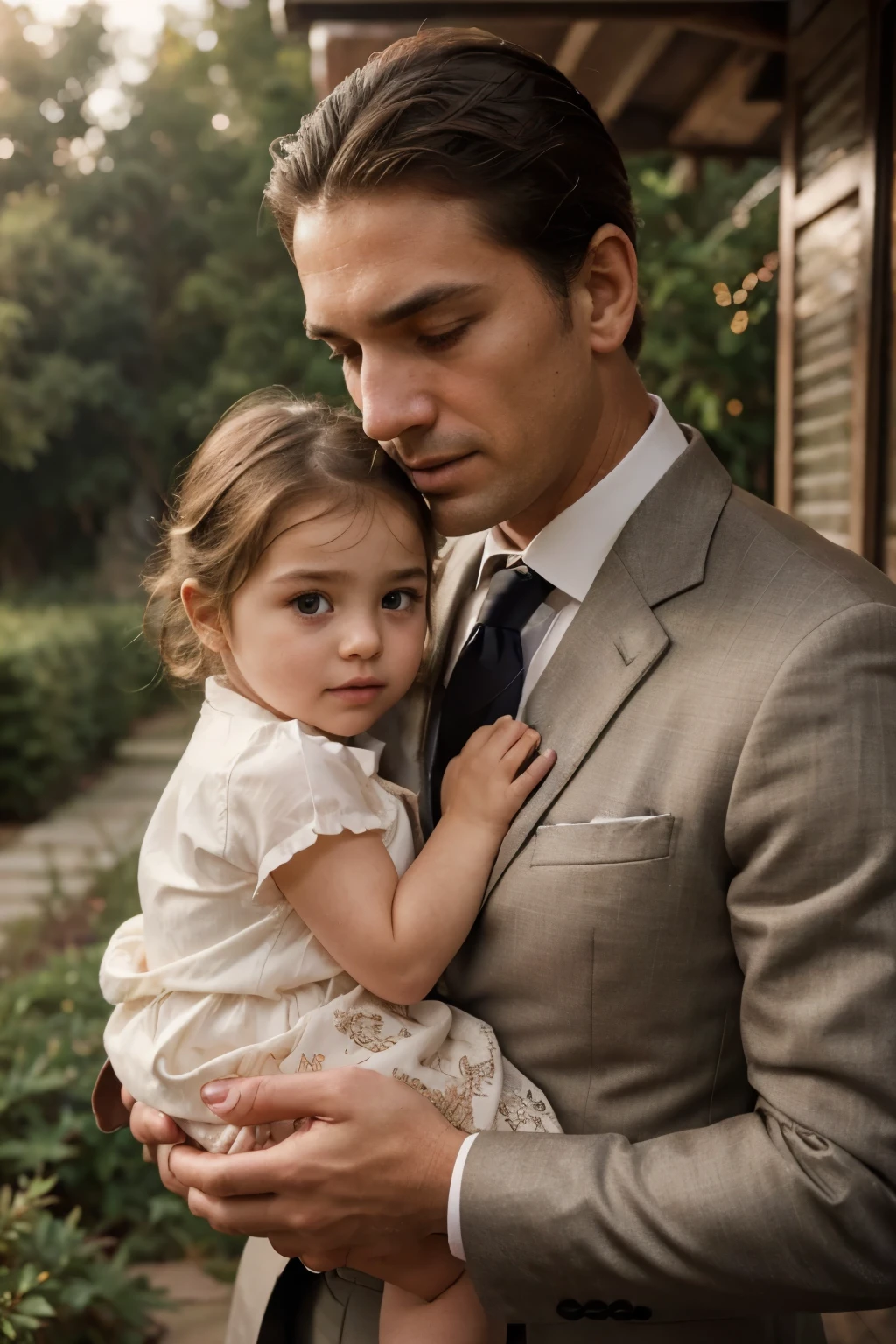a father wearing a well-tailored suit, holding his young daughter, beautiful detailed eyes, beautiful detailed lips, extremely detailed eyes and face, long eyelashes, warm lighting, award-winning photograph, professionally shot, high resolution, intricate details, rich colors, muted tones, natural setting, outdoor scene, serene atmosphere, tender moment, beautiful bond between father and daughter