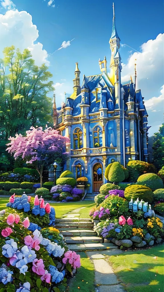 A magical academy building, front view, blue sky, colorful hydrangea, trees, ivy, bush, classic bulding