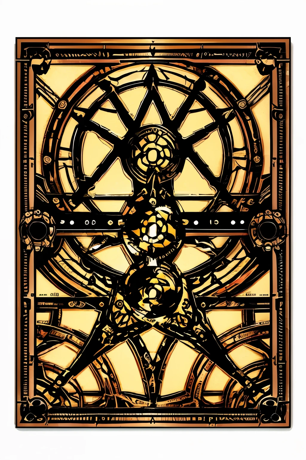 "A tarot card cover with an intricate and stylish design. The cover features detailed gears, cogs, and mechanical elements in a steampunk style. The center includes an ornate frame with a hexagram (six-pointed star) symbol, representing insight and divination. The design elements of the card cover are presented on a transparent background, focusing solely on the detailed and stylish design without any text or letters."

