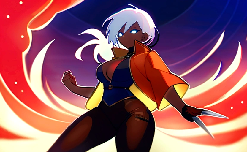,Sexy with bikini Costume clothes for medium muscular dark skinned woman, short white hair tied in a ponytail, Eyes red, yellow jacket, black cargo pants, drawing the race: ten mens (with enhanced characteristics Genre: Feminine woman appearance: Dark skin and medium muscular Short white hair spiked up, similar to the style "porcupine hair" eerie glowing red eyes, emanating power Wearing the black jacket characteristic of High-Level Hunters, with gold detailsTight black cargo pants, with black combat boots Accessories: black fingerless gloves, revealing sharp claw marks Magic dagger floating next to his right hand, giving off a slightly bluish aura Lips are smooth or colored, fundo preto Simpler, minimalism, monotonous, paletas de cores Simpler, to clean, sharp designs, fluid silhouettes, skirts and tight pants, high-waisted skirts and pants, vestidos Simpler, shirts and blouses, asymmetric, geometric, Elegant, luxurious materials and designs, Simpler, Minimum accessories, Fine silver or gold necklaces and rings, Simpler bangles, Differentiated designs, silhuetas Simpler, estilo Simpler e sofisticado, elegance, minimalism, high quality materials, cool and urban print, high-fashion, Simplicity and sophistication, standing alone, 1 girl, breasts big, thick-thighs, Waist slender, sweaty breasts