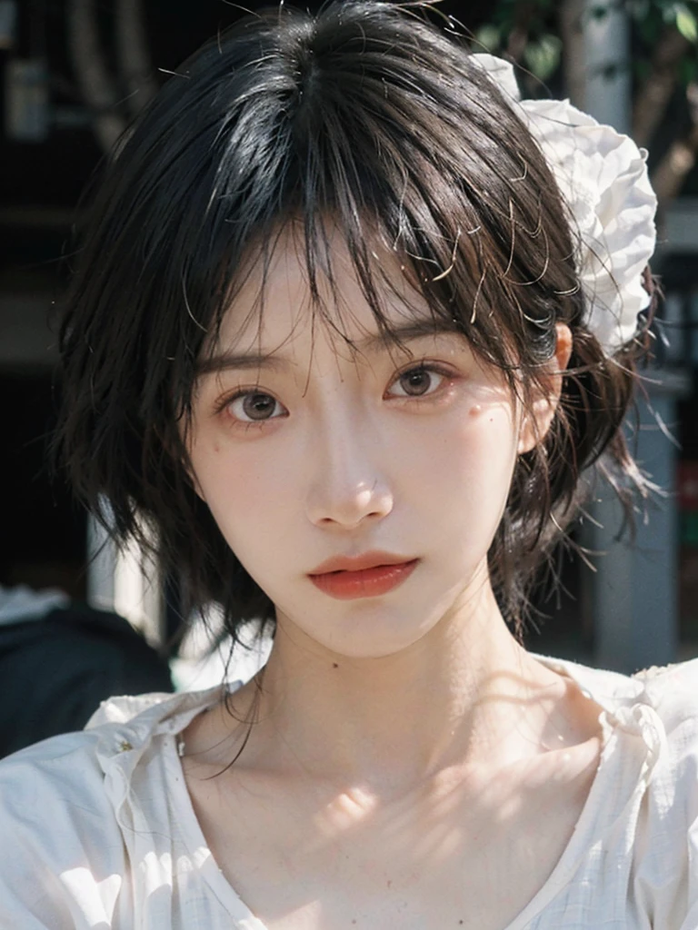 (smooth skin textures:1.3), Lipstick, Upper body,Upper Body,background, earrings, serene, calm, (Dress conservatively:1.6),(Realistic and detailed eyes:1.2), Natural skin texture, Realistic facial details, Soft dramatic lighting, Vivid details, outdoor, (Photo Practical:1.4), (hyper Practical:1.4), (Practical:1.3), (Improve lighting quality:0.9), (Highest quality real skin textures:1.4), (Enhance the beauty of skin texture:1.1), Hair details, model, short hair, Moles under the eyes, Portrait Photography, Depth of Field, Bokeh, Surrealism, Ray Tracing, (Portrait Photography:1.1), Surrealism, High Detail, Chiaroscuro, Ray Tracing, reflected light, Ultra HD, Ultra HD, masterpiece, Textured Skin, Super Detail, High Detail, high quality, best quality