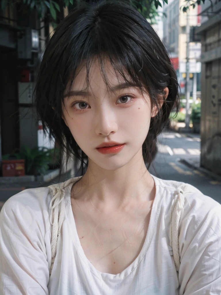 (smooth skin textures:1.3), Lipstick, Upper body,Upper Body,background, earrings, serene, calm, (Dress conservatively:1.6),(Realistic and detailed eyes:1.2), Natural skin texture, Realistic facial details, Soft dramatic lighting, Vivid details, outdoor, (Photo Practical:1.4), (hyper Practical:1.4), (Practical:1.3), (Improve lighting quality:0.9), (Highest quality real skin textures:1.4), (Enhance the beauty of skin texture:1.1), Hair details, model, short hair, Moles under the eyes, Portrait Photography, Depth of Field, Bokeh, Surrealism, Ray Tracing, (Portrait Photography:1.1), Surrealism, High Detail, Chiaroscuro, Ray Tracing, reflected light, Ultra HD, Ultra HD, masterpiece, Textured Skin, Super Detail, High Detail, high quality, best quality