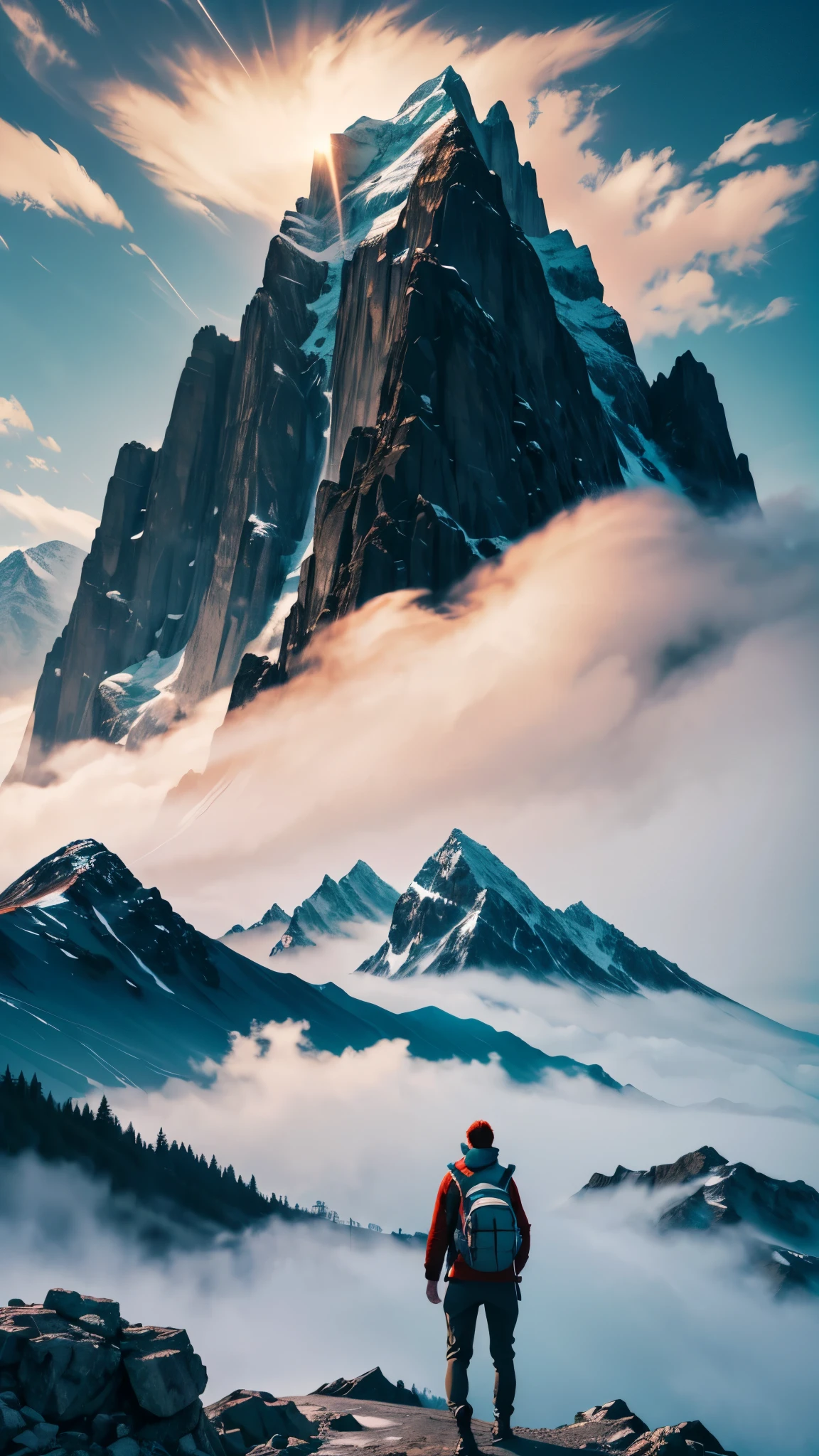 Highest quality,(masterpiece:1.2),Ultra-high resolution,RAW color photos,8K,Vast landscape photography,Middle-aged women,Mountaineering,Back view,(Outdoor clothing),(Large backpack),(From below,Woman standing on top of mountain,眼下に広がるsea of cloudsを見つめる),Big Mountain々,Beautiful sky,sea of clouds,Depth of written boundary,Wide Light,Low Contrast,Backlight,Sharp focus,Vibrant colors,Dynamic composition