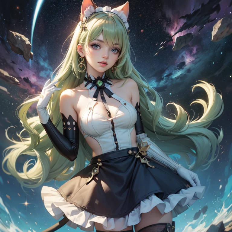 1girl, white maid dress, jewelry, green hair, flowing hair, long hair, maid dress with a short skirt and layers, white laces, white boots, white dress with transparency, gold details on her clothes, cat ears, animal ears, more details, perfectly body, perfectly hands, two hands, two legs, two arms, five fingers, glowing hair, best quality, cat ears, animal ears, tail ornament, tail bow, white gloves, two cat tail, white gloves, alone, maid headdress, choker, detached sleeves, maid dress, maid white dress, strapless, masterpeice, best quality, detailed face, night, mobius (honkai impact), honkai (series), honkai impact 3rd, asymmetrical gloves, bangs, white short skirt , white gloves, white boots, earrings, elbow gloves, fishnet thighhighs, fishmasterpeice, solo, best quality, detailed face, gloves, green eyes, green hair, hair between eyes, jewelry, long hair, looking at viewer, single earring, sky, sleeveless, solo, thigh boots, thighhighs, tongue, tongue out, uneven gloves, cat ears, animal ears, cat tail, , solo, alone, Looking at the viewer, More details on the clothes, magenta roses on her hair, space scenery, maid, maid dress, magenta details, magenta roses, maid headdress, maid apron, purple hair, long hair, seat on the Saturn rings, bats details on her clothes, more details on her clothes, gold details on her clothes, space, smiling, standing her hand to a viewer, looking at the viewer, in the background a several asteroids glowing with fiery auras, Dramatic lighting from distant stars and planets illuminates the scene, looking at the vast and mysterious universe, cowboy shot, upper body portrait, more details, sparkle,