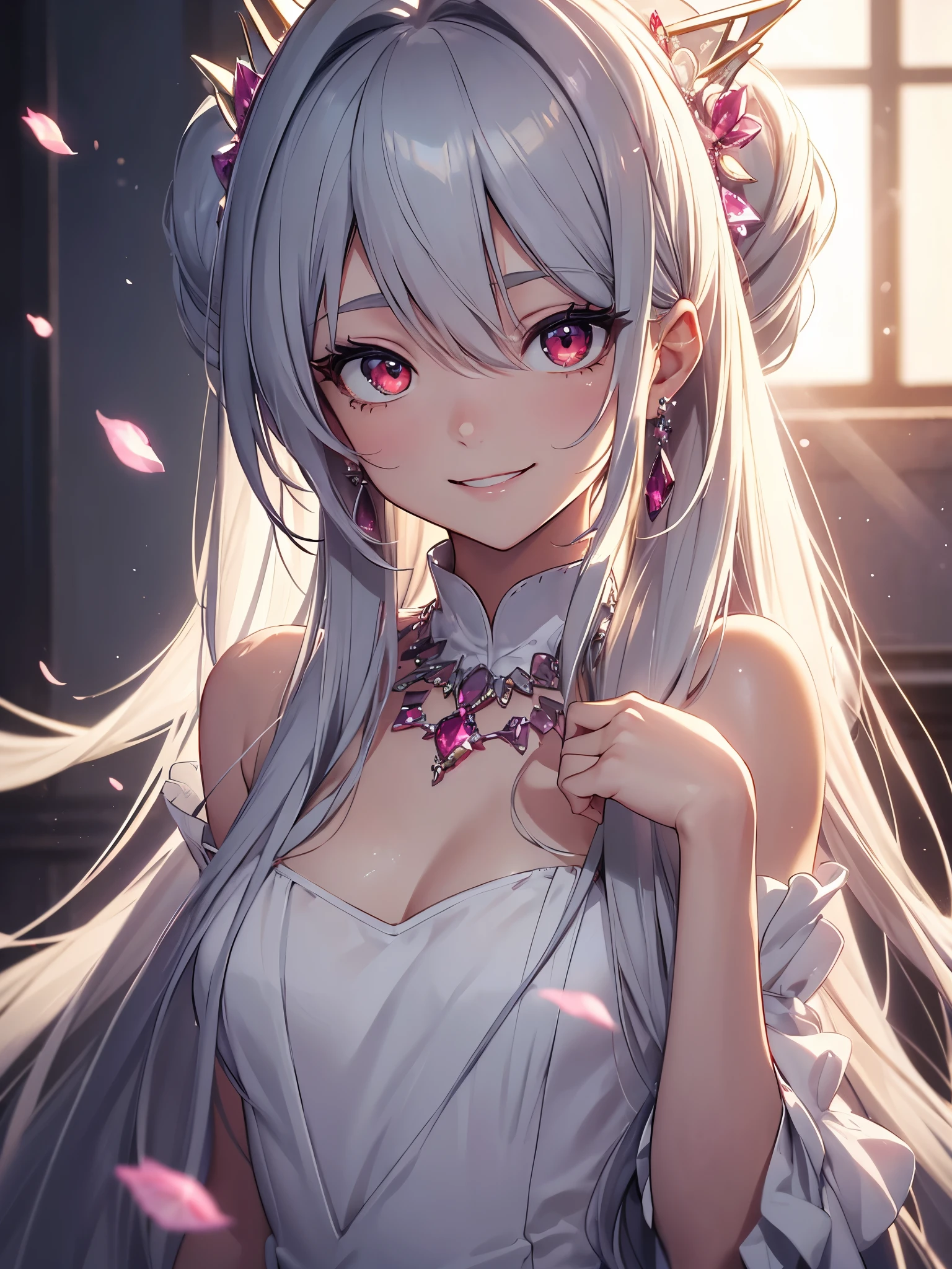 masterpiece, highest quality, figure, alexandrite eyes and hair, platinum earrings, Platinum Necklace, white dress, The Little Mermaid, cute, (dynamic lighting:1.2), cinematic lighting, delicate features, fine eyes, sharp pupils, realistic student, Depth of bounds written, Bokeh, sharp focus, (very detailed, bloom, shine:1.4), Many Small Gems, hatsune miku, black hair, red eyes, smiling, yandere
