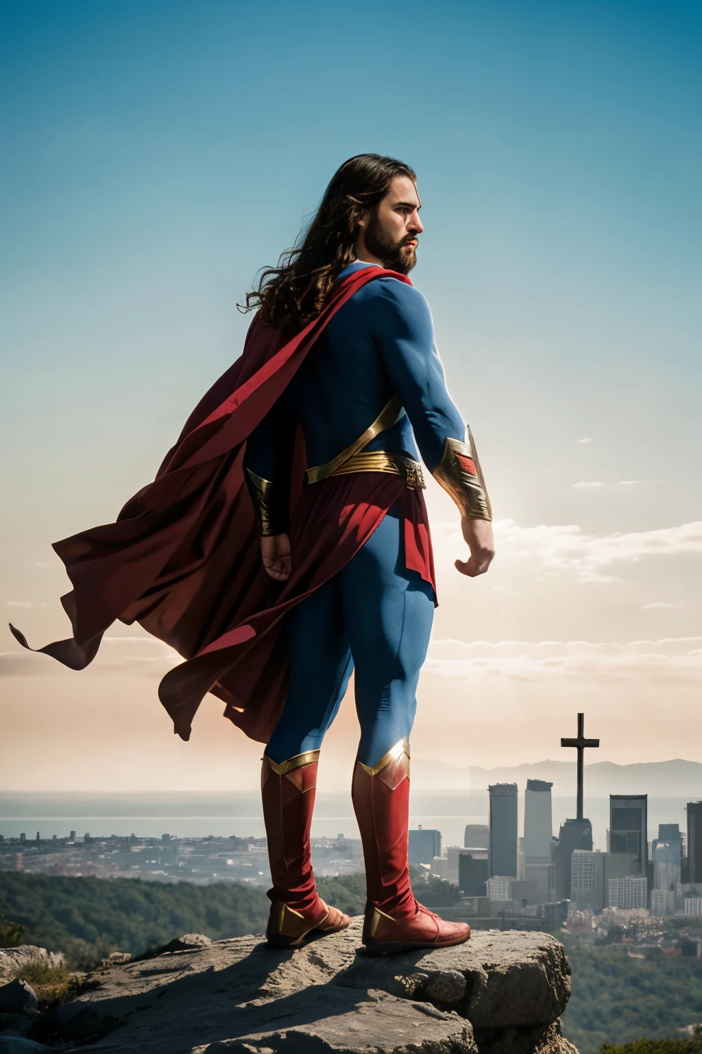 Jesus Christ with a crown of thorns dressed as superman looking at the horizon standing on a mountain with a city in the background