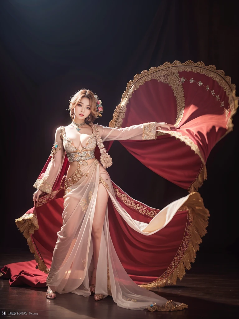 a beautiful young korean idol woman, 1girl, extremely detailed eyes, long eyelashes, beautiful detailed lips, flawless skin, elegant expression, intricate jewelry, detailed clothing, short bob blonde hair,   cleavage, small breasts, (best quality,4K,8K,highres,masterpiece:1.2),ultra-detailed,(realistic,photorealistic,photo-realistic:1.37),studio lighting,HDR,vivid colors,professional photography