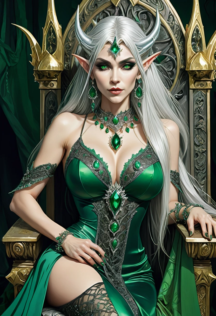 (Ultra-detailed face, cruel eyes), (Gothic fantasy illustration & Ukiyo-e & comic art), (whole body, Silver-haired ice elf middle-aged woman, blunt bangs, Very very long messy hair, and silver skin, eyes burning hierro), (Queen wearing emerald crown, A large jewelry necklace and earrings, Dark green lace dress, and green jeweled sandals.), (Green Demon Queen lies on a huge, High target throne, Put your hands on your cheeks，with a cruel smile on his face), rest (a gorgeous, High target, huge gothic throne，sparkling, Decorated with gemstones and precious metals. looks very dark:1.2), (In the background, The Queen&#39;s throne in the Royal Palace is lined with long curtains and many candlesticks on both sides), (Looking up from the foot of the throne)