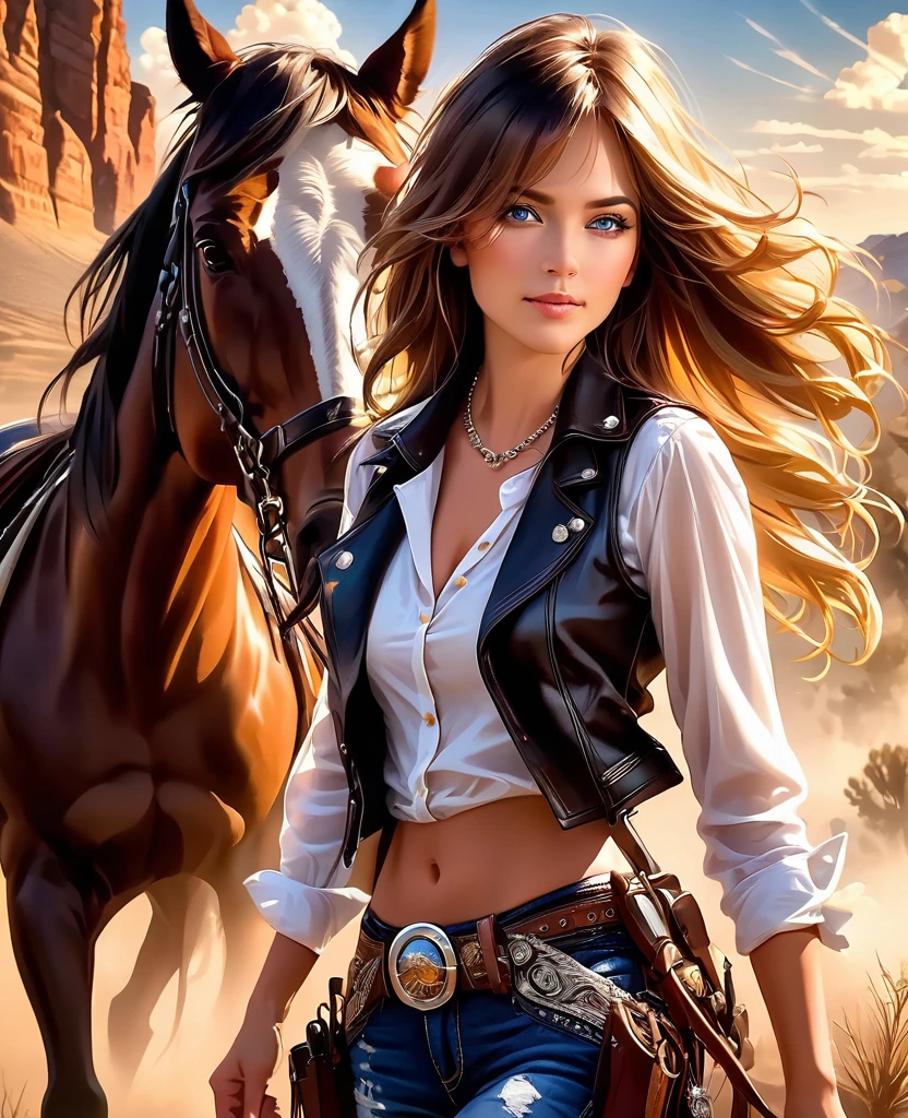(high quality, high resolution, 8k), detailed oil painting, (1 woman, cowgirl, gunslinger, beautiful brunette with blue eyes, seductive, perfect anatomy, full body, flowing blonde hair, looking at the viewer, wide and seductive smile , with leather vest, white shirt with large neckline, shirt tied at the waist with a knot, low-cut shirt, cowboy belt with silver buckle, jeans, cowboy boots with shiny spurs, 2 revolvers on the waist, holding a Winchester 44 shotgun, star sheriff on his chest, scarf wrapped around his neck), (a black horse, thoroughbred horse, indomitable stallion rearing on two legs, skittish horse, noose tied to the saddle), (old west setting, golden hour, sun rays , beautiful landscape of the old west, leaving a large trail of dust)