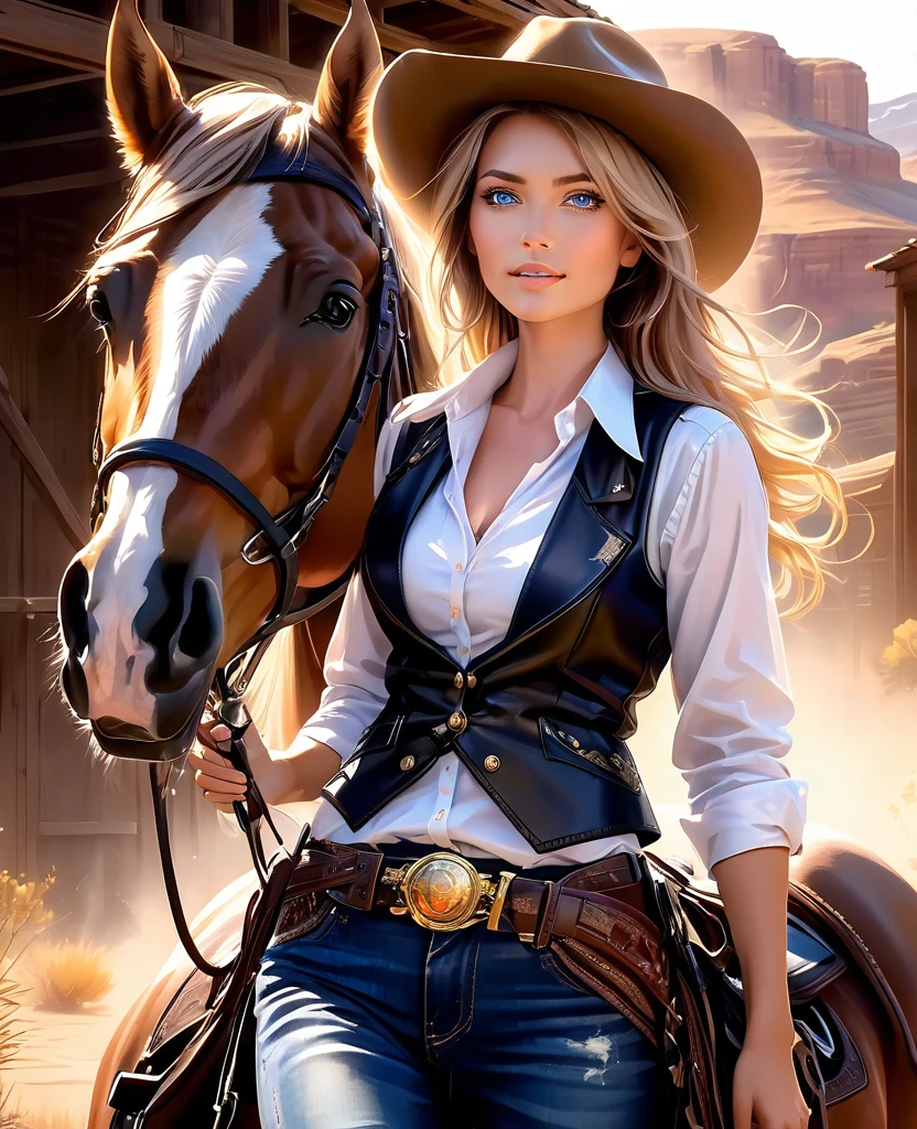(high quality, high resolution, 8k), detailed oil painting, (1 woman, cowgirl, gunslinger, beautiful brunette with blue eyes, seductive, perfect anatomy, full body, flowing blonde hair, looking at the viewer, wide and seductive smile , with leather vest, white shirt with large neckline, shirt tied at the waist with a knot, low-cut shirt, cowboy belt with silver buckle, jeans, cowboy boots with shiny spurs, 2 revolvers on the waist, holding a Winchester 44 shotgun, star sheriff on his chest, scarf wrapped around his neck), (a black horse, thoroughbred horse, indomitable stallion rearing on two legs, skittish horse, noose tied to the saddle), (old west setting, golden hour, sun rays , beautiful landscape of the old west, leaving a large trail of dust)