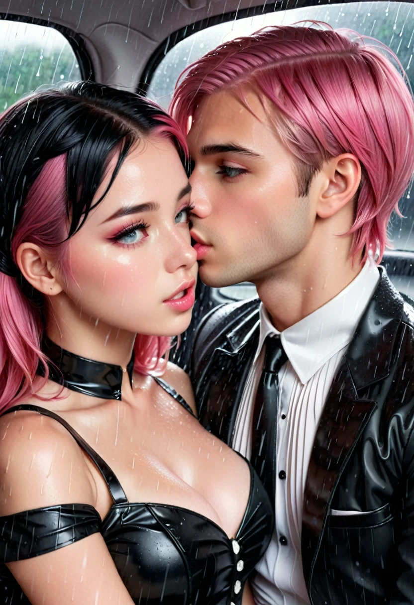 Masterpiece, Best Quality, Super detailed, illustartion, beautiful detail eyes, close up, with a boy and a girl. It was pink hair, White pleated shirt, cracked button on the chest, Upskirt. The boy has black hair, black catsuit, Black pants. Boys and girls kissing in the car, Severe rainy weather