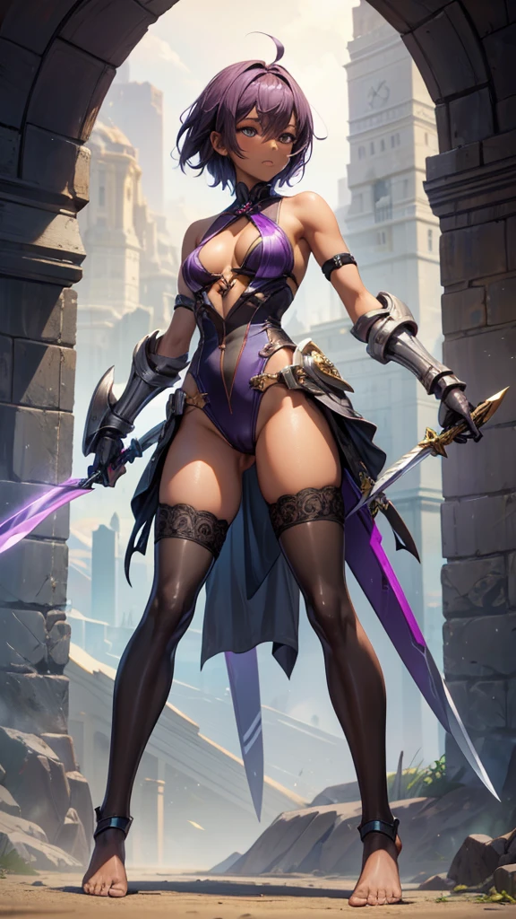 1girll，Gorgeous Hair in Long Purple，Purple one-piece skinny leather coat，Tattooed with，There is a red ribbon around the waist，purple boots，The thigh has leg rings，There is a katana in the left hand，The right hand has a purple energy glow，Hands full breasts, Convex buttocks, city ruins，holy rays，A desert，Detailed background, Clothing details, perfectly proportioned, filmgrain, Fuji colors, lightand shade contrast, tmasterpiece, high detal, high qulity, A high resolution, Cinematic lighting, 8K, Textured skin, Super detail