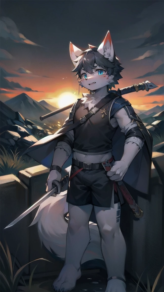 White Wolf，black hair，Sky blue eyes，hairy，Wolf ears，Wolf tail，Full body portrait，The character is in the center of the frame，Handsome，Confident eyes，male，juvenile，Black and white combat uniform，Red neck bib，Black shorts，Short sleeve，hairy arms and legs，Dark background，Dark battlefield，dawn，sunrise，dawn，illumination，shadow，Swordsman，Scabbard and sword，Hold the hilt of a sword in your hand，The scabbard is at the waist，Highest quality